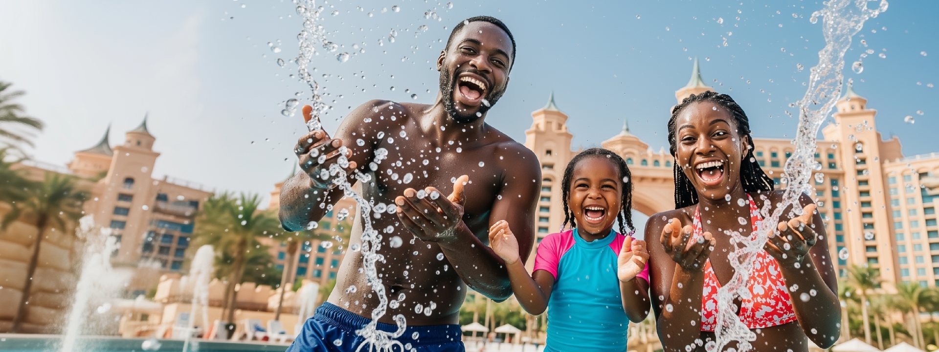 Family enjoying time together by a resort swimming pool.